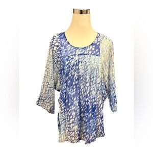 Michael Kors Blue & White & Gold Blouse 3/4 Sleeves Size Small Sheer Chiffon